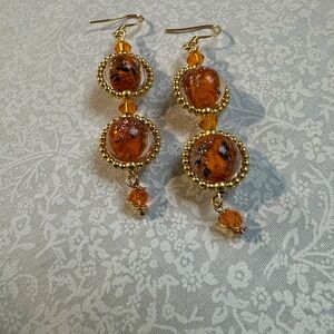 Orange, Black and Gold Crackle Beaded Wire Wrapped Earrings with 925 Hooks